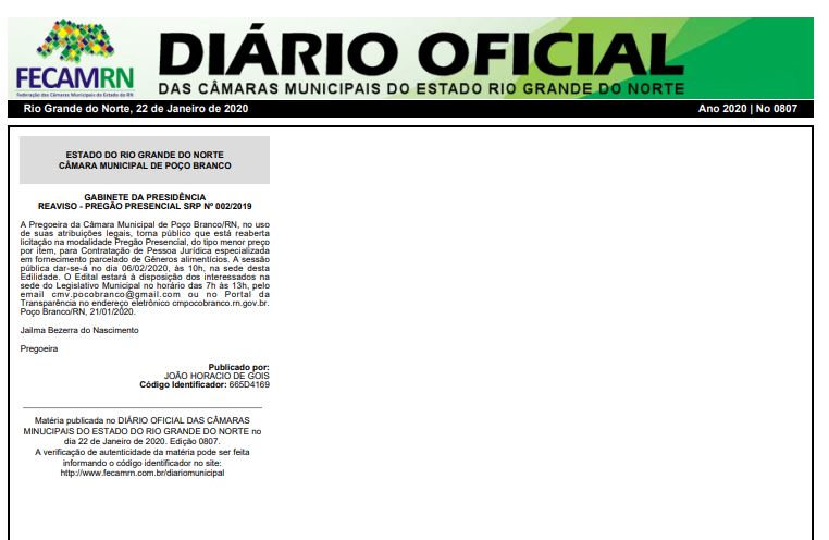 REAVISO - PREGÃƒO PRESENCIAL SRP NÂº 002/2019